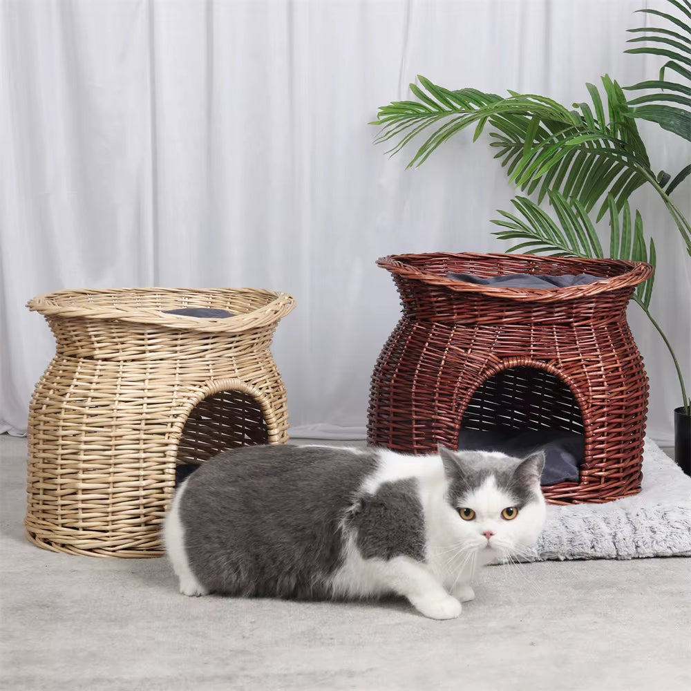 2-Tier Wicker Cat House with Cushion – Cozy Bed & Scratcher for Indoor Cats