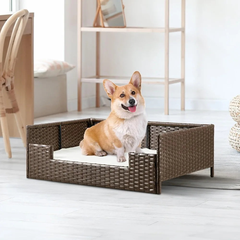 Handwoven Rattan Dog Sofa Bed with Cushion – Indoor/Outdoor/ Water Resistant for Small to Large Dogs