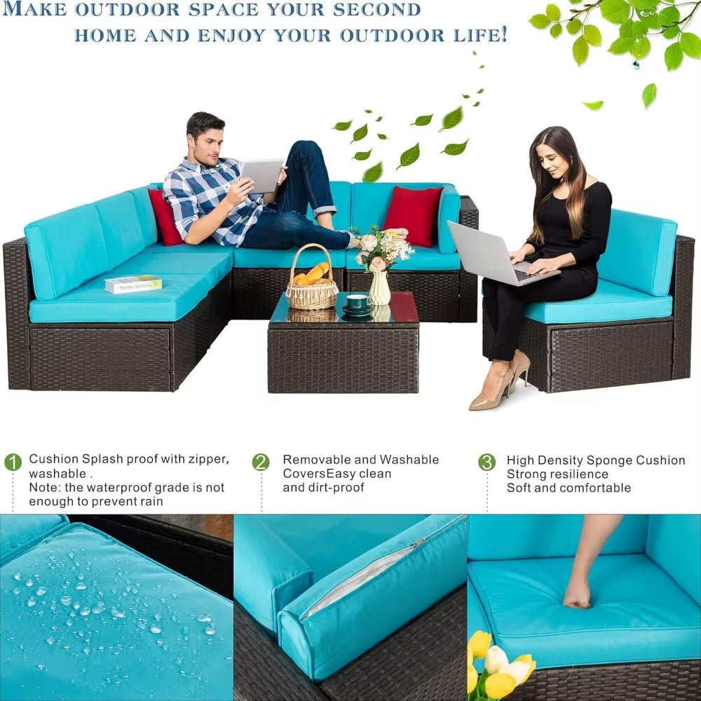 L-Shaped Outdoor Patio Set – 7-Piece Rattan Furniture with Glass Table