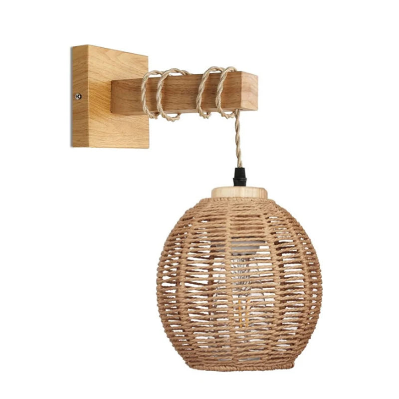 Bamboo Rattan Wall Lamp – Handwoven Wicker Lantern Light, Boho Room Decor, Natural Bamboo Wall Sconce, E27 Lamp Fixture