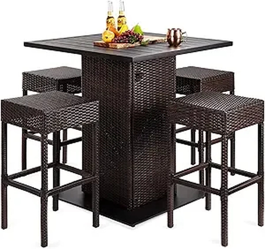 5-Piece Outdoor Wicker Bar Set – Includes Table with Built-In Bottle Opener, Storage Shelf, and 4 Stools – Perfect for Patio, Poolside, or Backyard