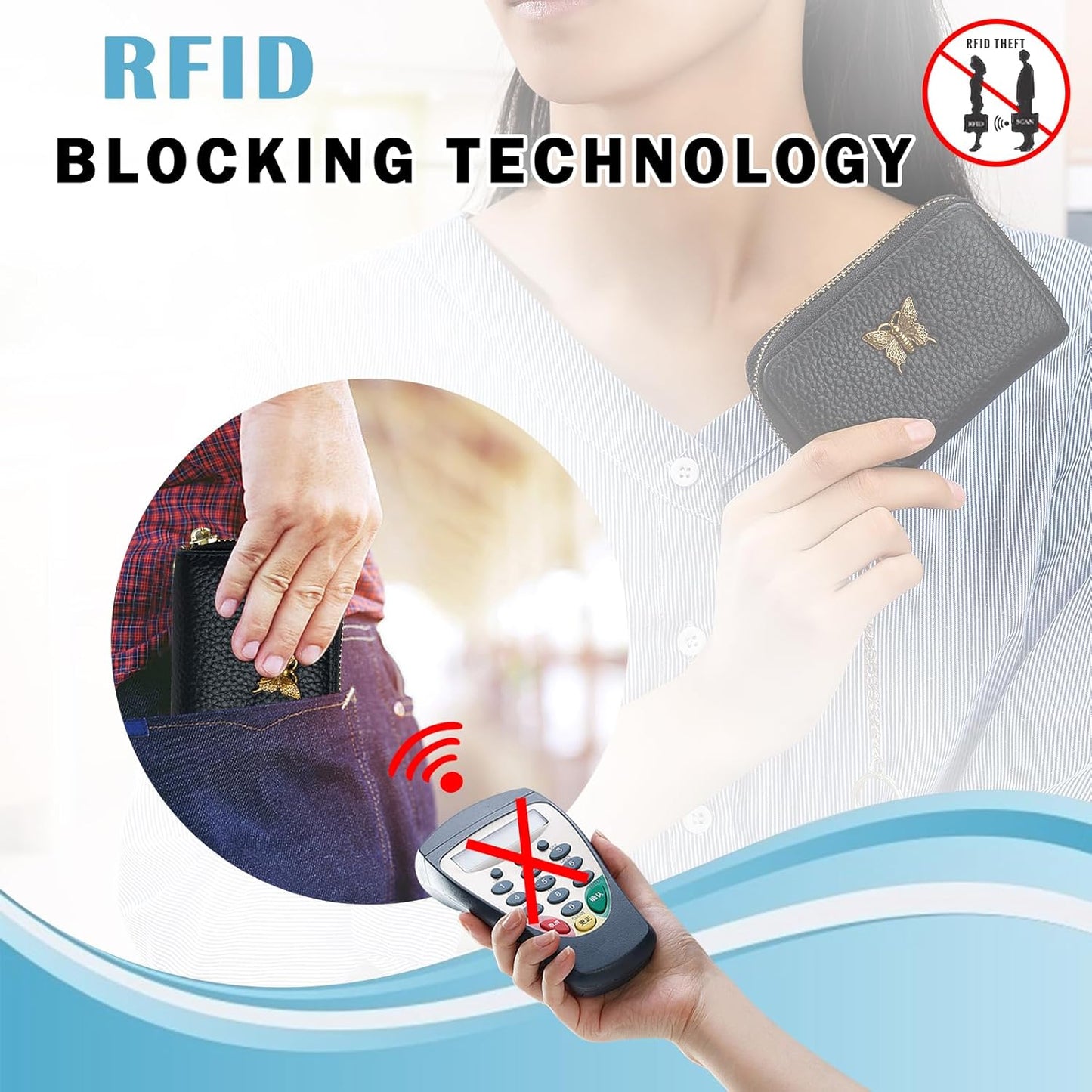 Stylish RFID Leather Card Holder for Women – with Zipper & Removable Keychain (Black)