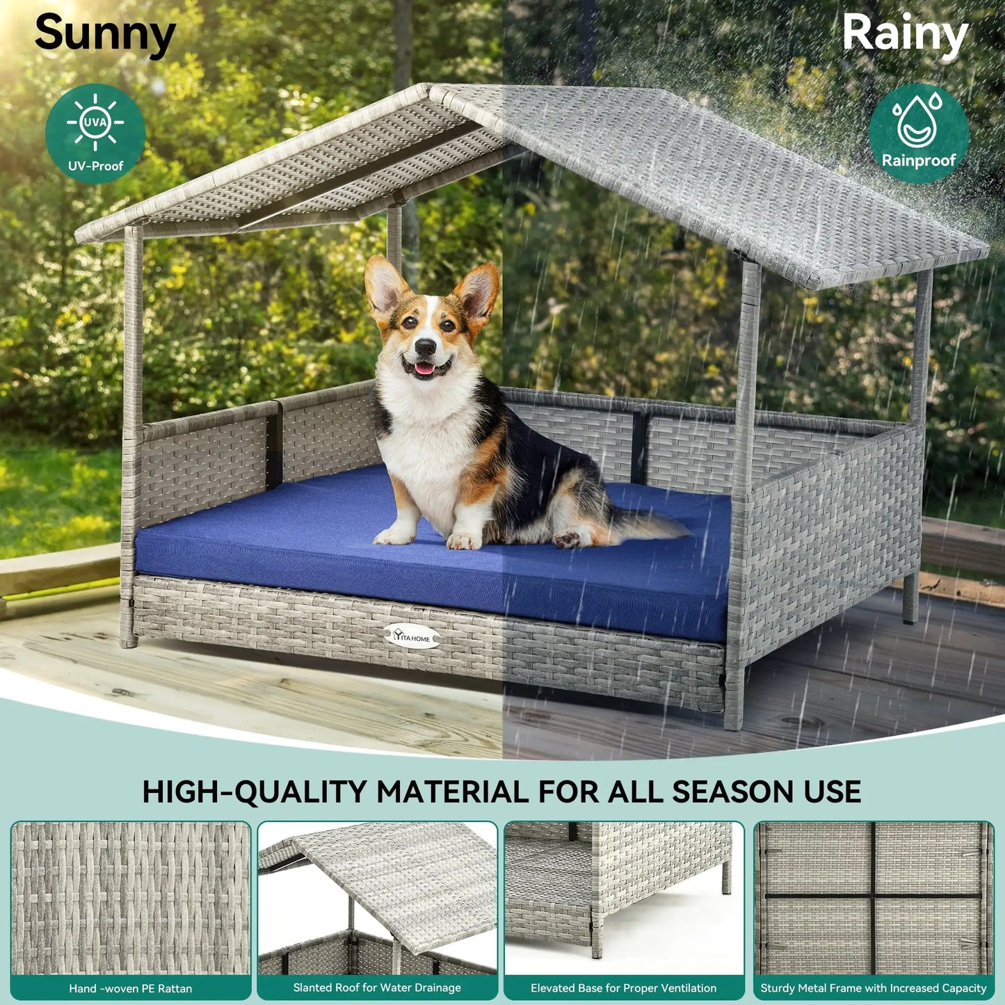 32.9" Outdoor Rattan Dog House with Canopy – Elevated, Water-Resistant Bed & Blue Cushion for Small to Medium Dogs