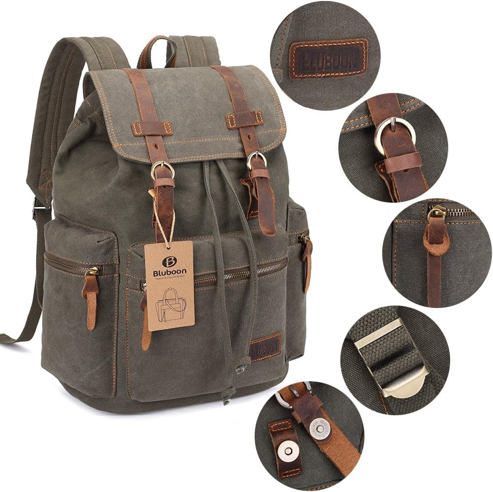 Vintage Backpack with Leather Trim – Casual Bookbag for Men & Women | Laptop Travel Rucksack