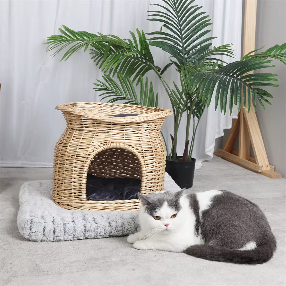 2-Tier Wicker Cat House with Cushion – Cozy Bed & Scratcher for Indoor Cats