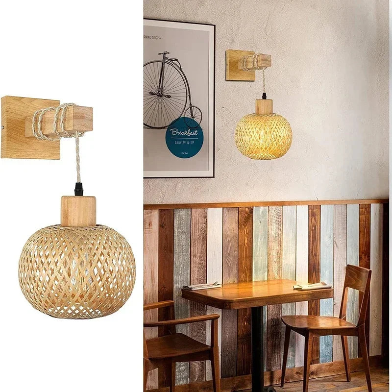 Bamboo Rattan Wall Lamp – Handwoven Wicker Lantern Light, Boho Room Decor, Natural Bamboo Wall Sconce, E27 Lamp Fixture