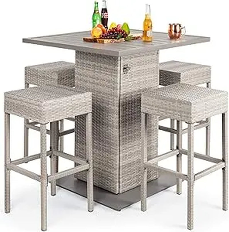 5-Piece Outdoor Wicker Bar Set – Includes Table with Built-In Bottle Opener, Storage Shelf, and 4 Stools – Perfect for Patio, Poolside, or Backyard