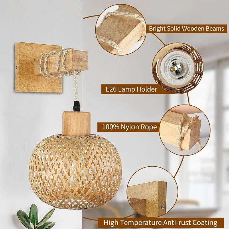 Bamboo Rattan Wall Lamp – Handwoven Wicker Lantern Light, Boho Room Decor, Natural Bamboo Wall Sconce, E27 Lamp Fixture