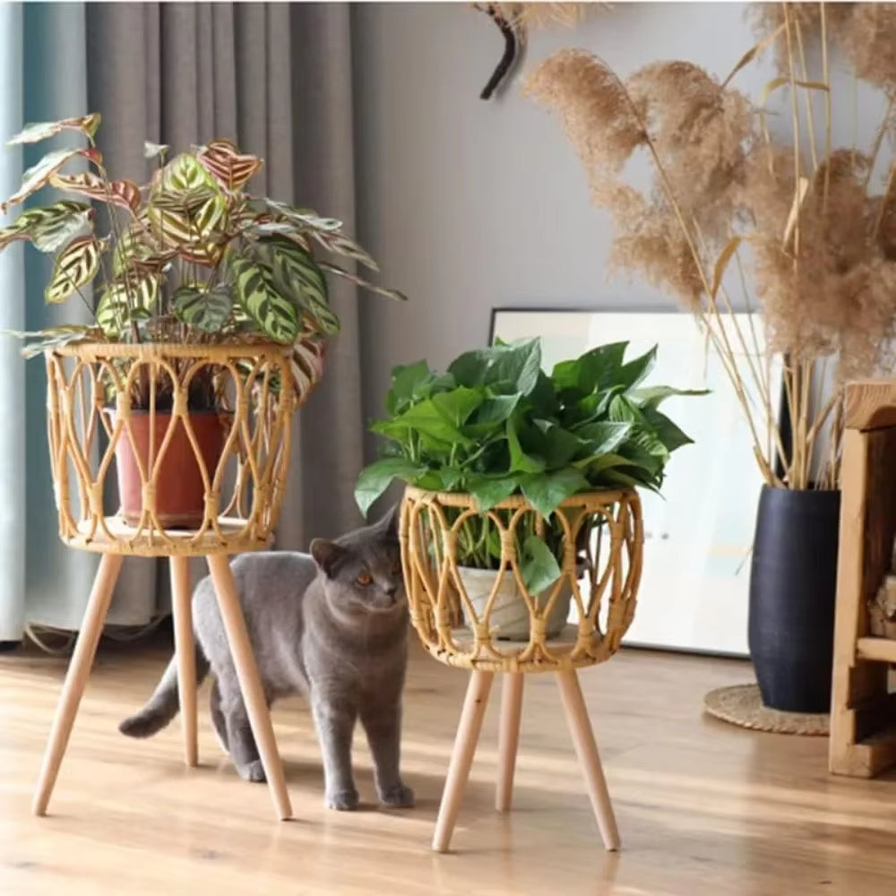 Woven Rattan Decorative Plant Stand with Wooden Legs