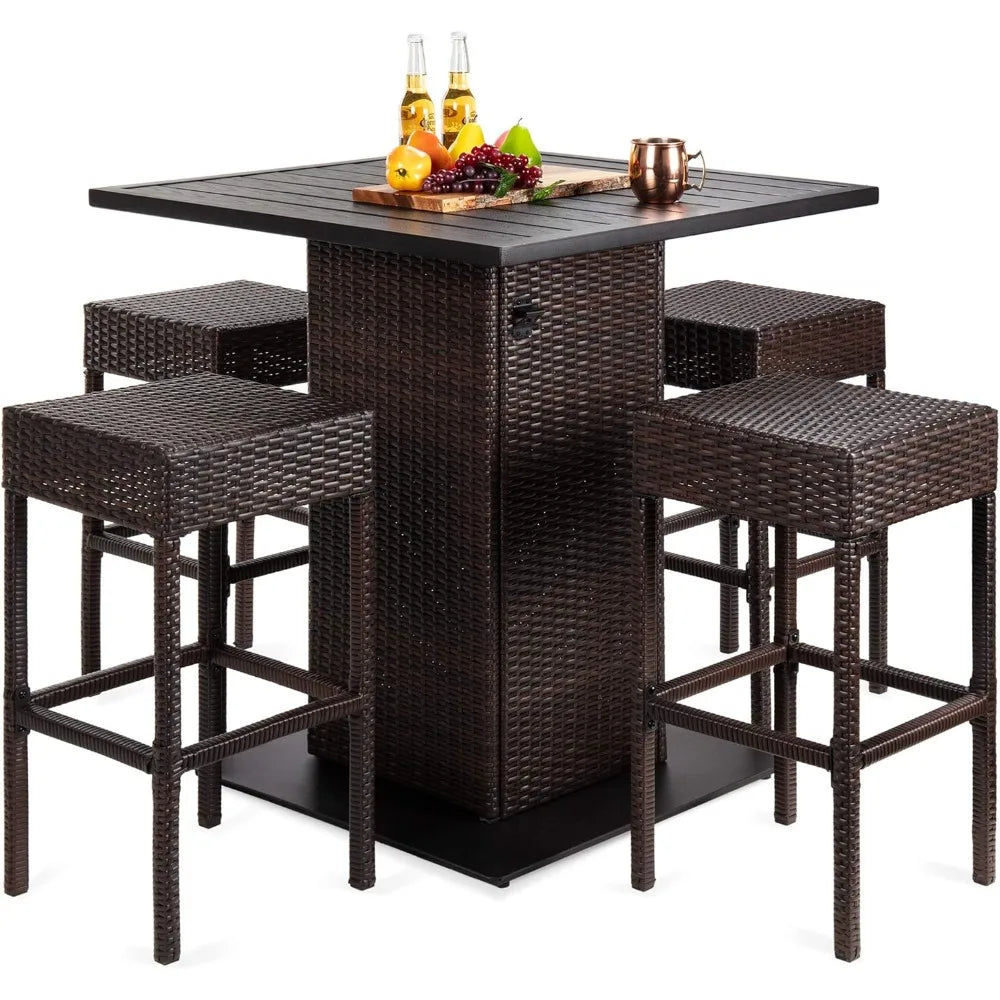 5-Piece Outdoor Wicker Bar Set – Includes Table with Built-In Bottle Opener, Storage Shelf, and 4 Stools – Perfect for Patio, Poolside, or Backyard
