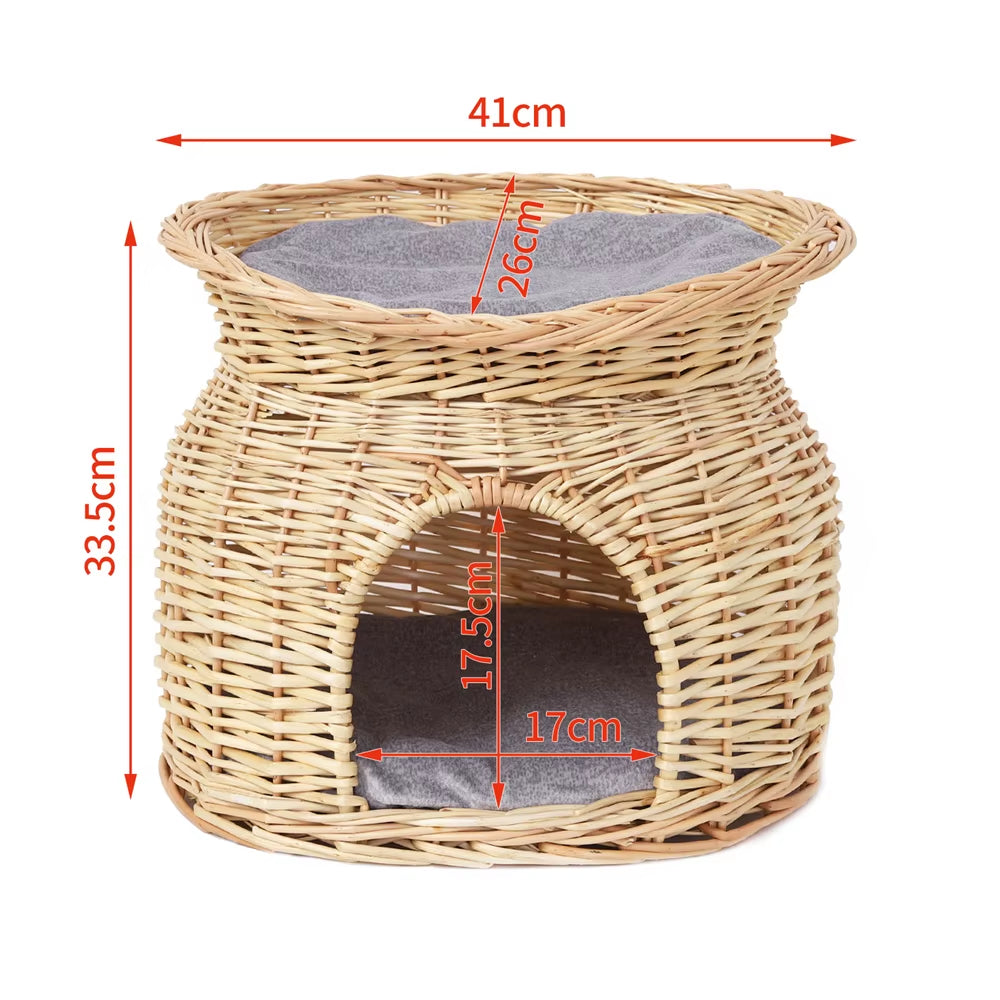 2-Tier Wicker Cat House with Cushion – Cozy Bed & Scratcher for Indoor Cats