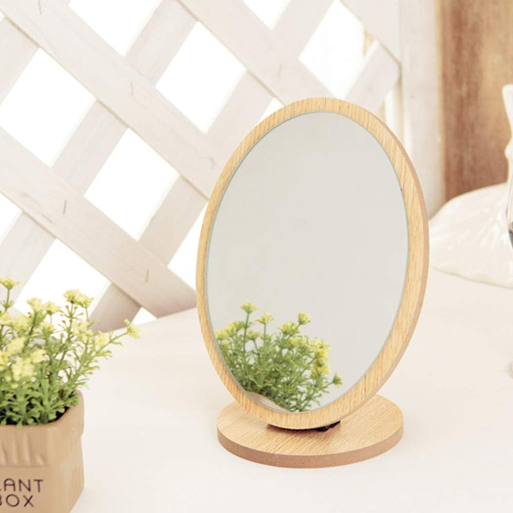 Compact Oval Makeup Mirror – Natural Wood Frame & Swivel Design