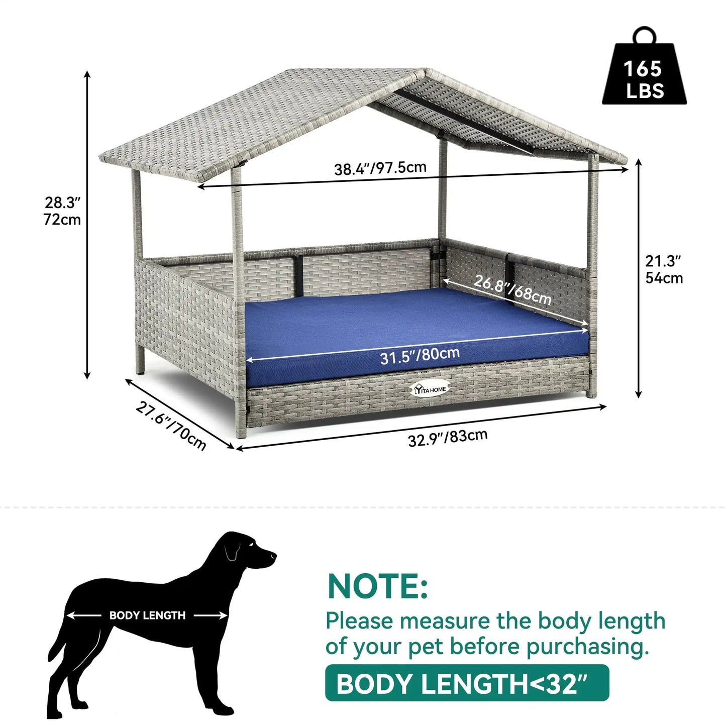32.9" Outdoor Rattan Dog House with Canopy – Elevated, Water-Resistant Bed & Blue Cushion for Small to Medium Dogs