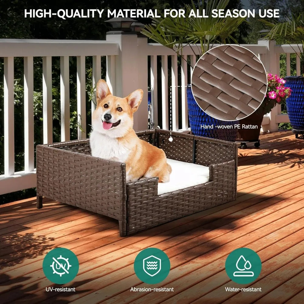Handwoven Rattan Dog Sofa Bed with Cushion – Indoor/Outdoor/ Water Resistant for Small to Large Dogs