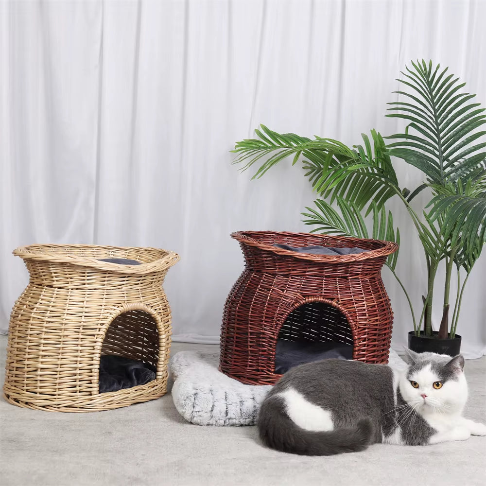 2-Tier Wicker Cat House with Cushion – Cozy Bed & Scratcher for Indoor Cats