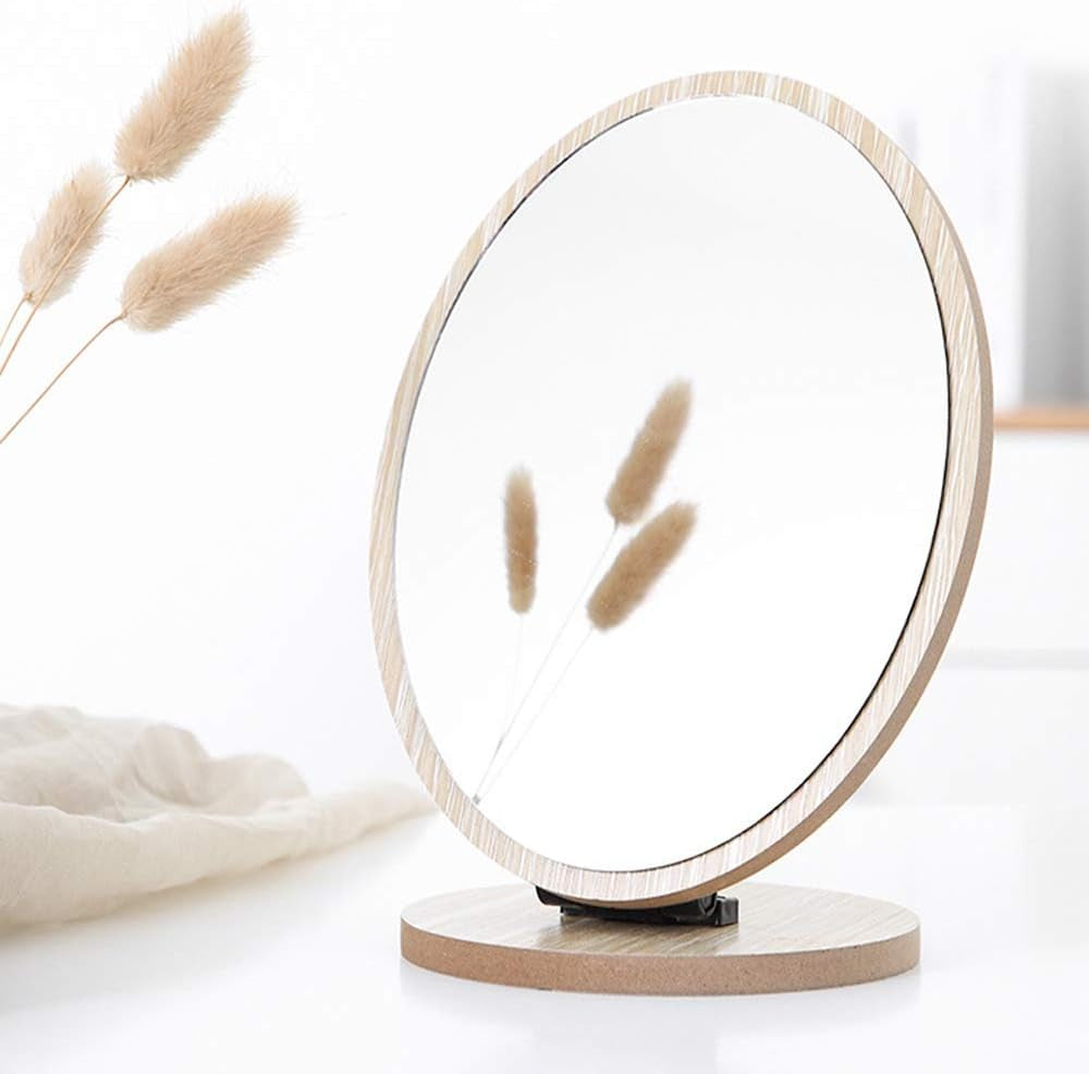 Compact Oval Makeup Mirror – Natural Wood Frame & Swivel Design