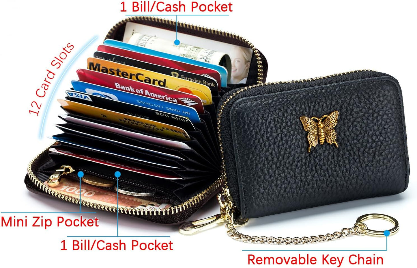 Stylish RFID Leather Card Holder for Women – with Zipper & Removable Keychain (Black)