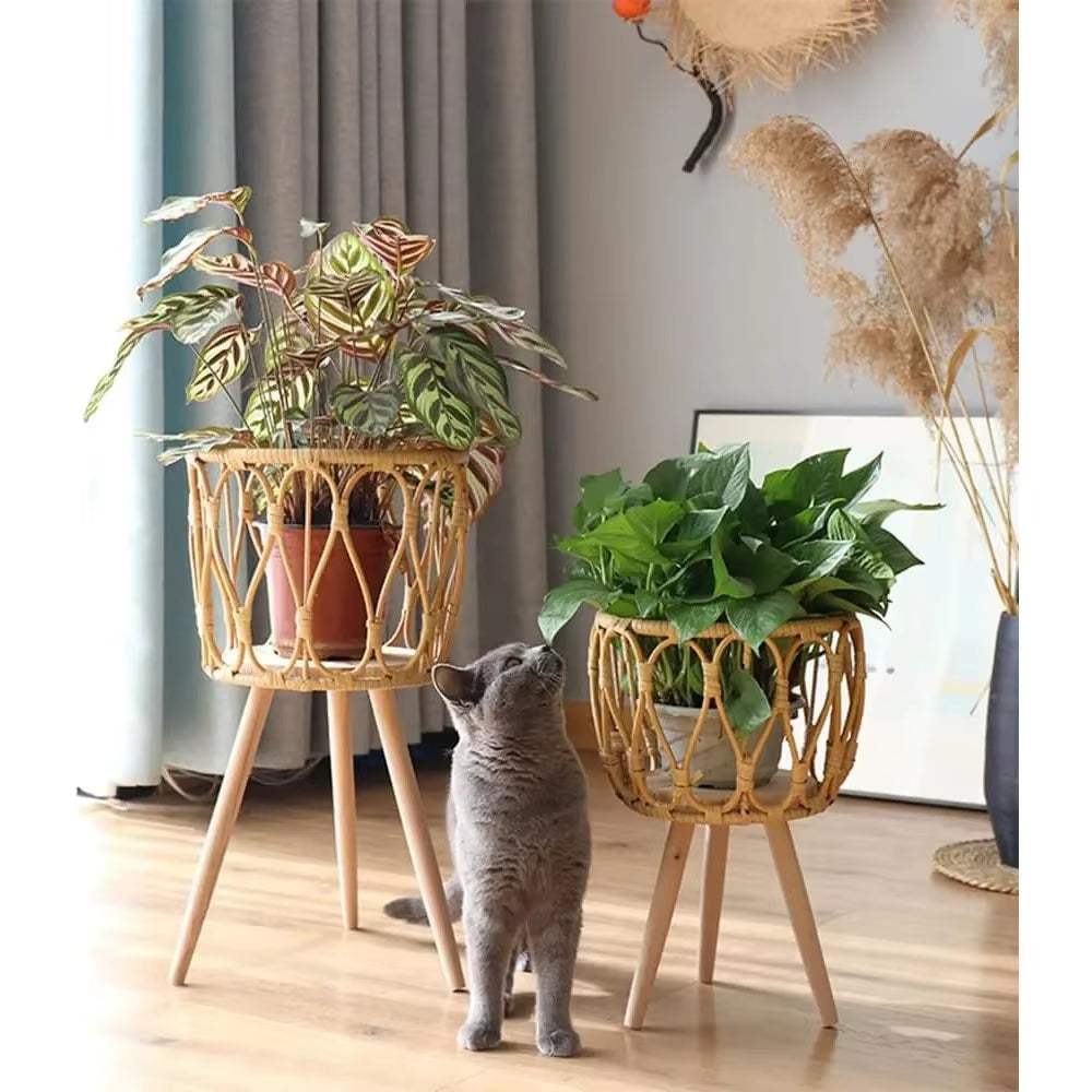 Woven Rattan Decorative Plant Stand with Wooden Legs