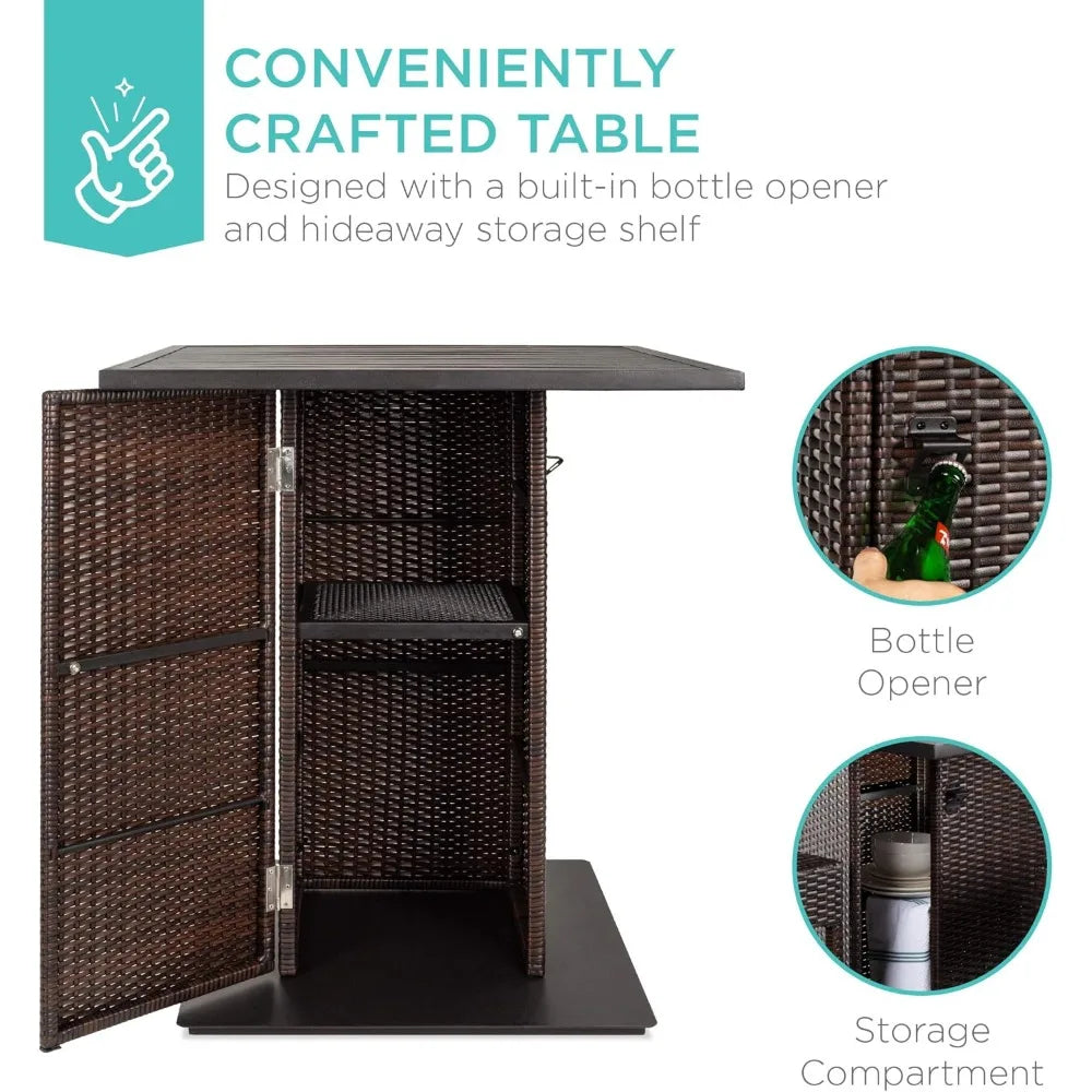 5-Piece Outdoor Wicker Bar Set – Includes Table with Built-In Bottle Opener, Storage Shelf, and 4 Stools – Perfect for Patio, Poolside, or Backyard
