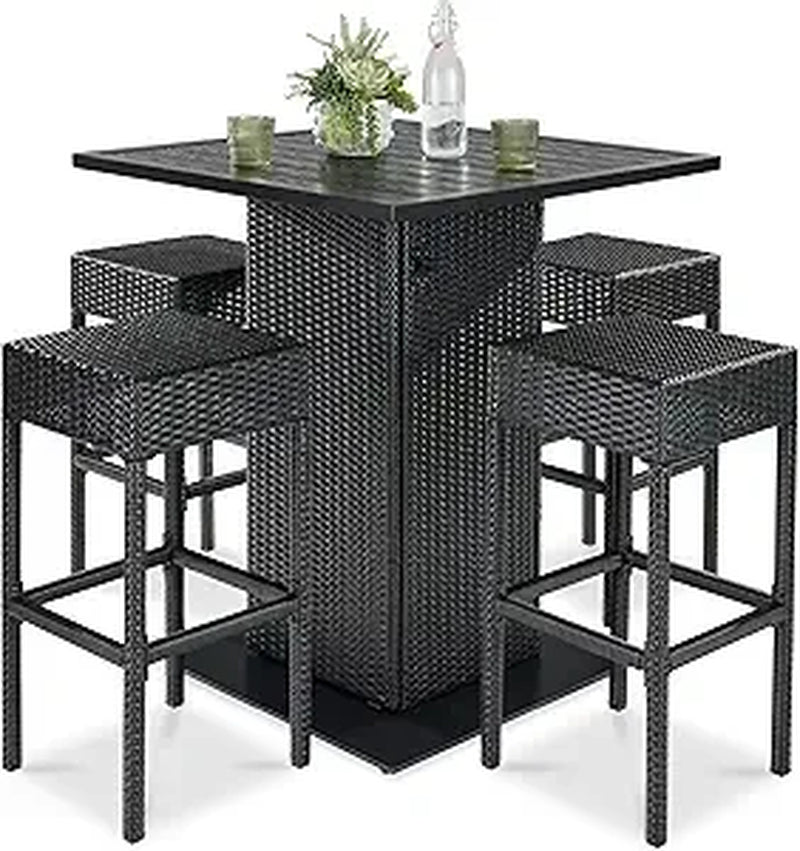 5-Piece Outdoor Wicker Bar Set – Includes Table with Built-In Bottle Opener, Storage Shelf, and 4 Stools – Perfect for Patio, Poolside, or Backyard