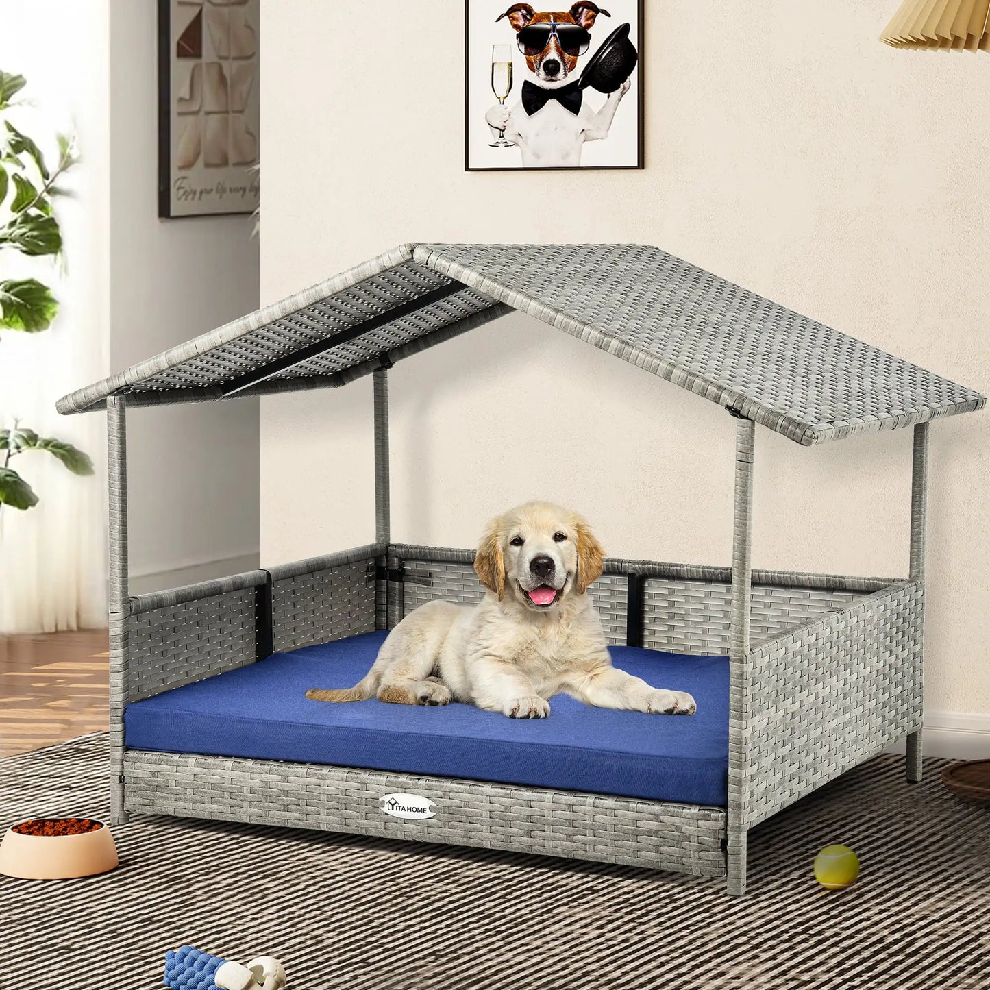 32.9" Outdoor Rattan Dog House with Canopy – Elevated, Water-Resistant Bed & Blue Cushion for Small to Medium Dogs