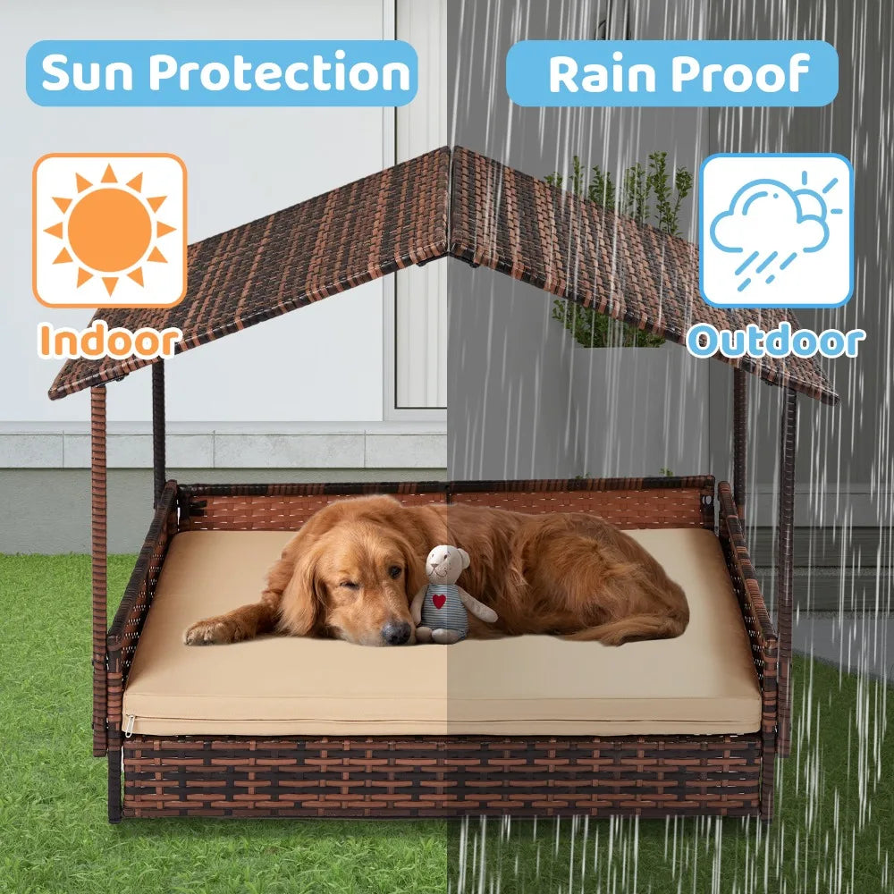 Elevated Rattan Dog Bed with Canopy – Indoor/Outdoor Pet Lounger with Washable Cushion