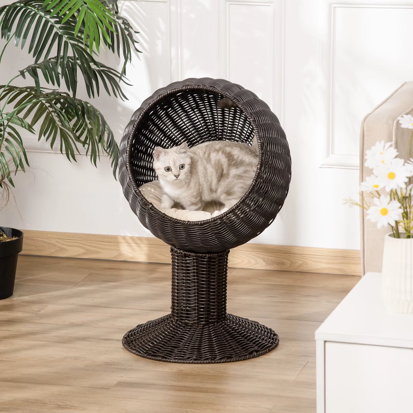 27" Outdoor Rattan Cat House with Cushion – All-Season Hanging Nest