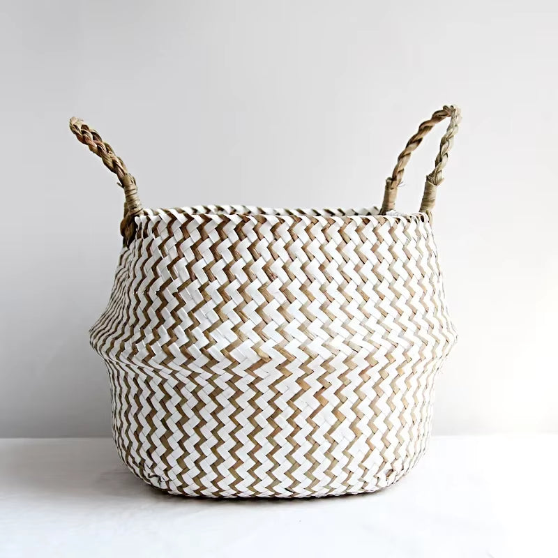 Boho Striped Wicker Storage Basket – Handmade & Collapsible