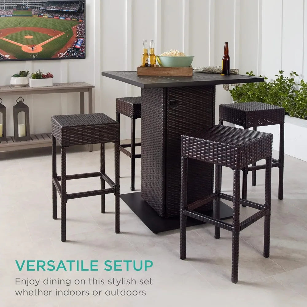 5-Piece Outdoor Wicker Bar Set – Includes Table with Built-In Bottle Opener, Storage Shelf, and 4 Stools – Perfect for Patio, Poolside, or Backyard