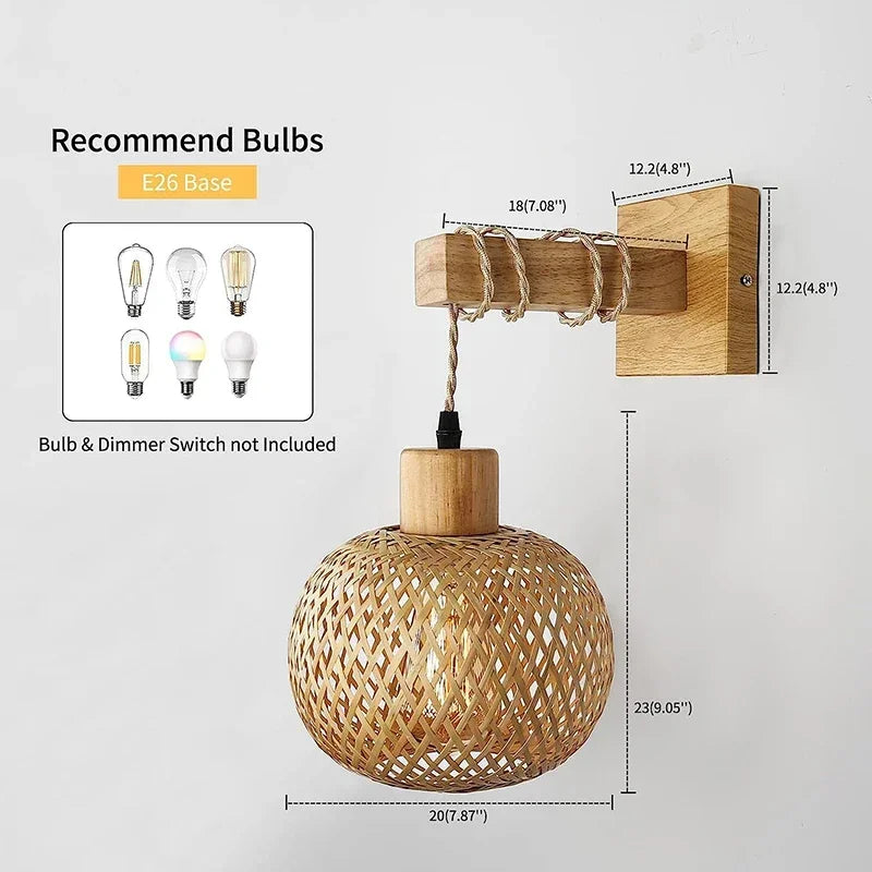 Bamboo Rattan Wall Lamp – Handwoven Wicker Lantern Light, Boho Room Decor, Natural Bamboo Wall Sconce, E27 Lamp Fixture