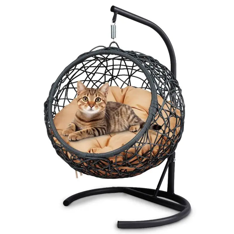 Cozy Rattan Cat Swing Bed with Stand & Cushion