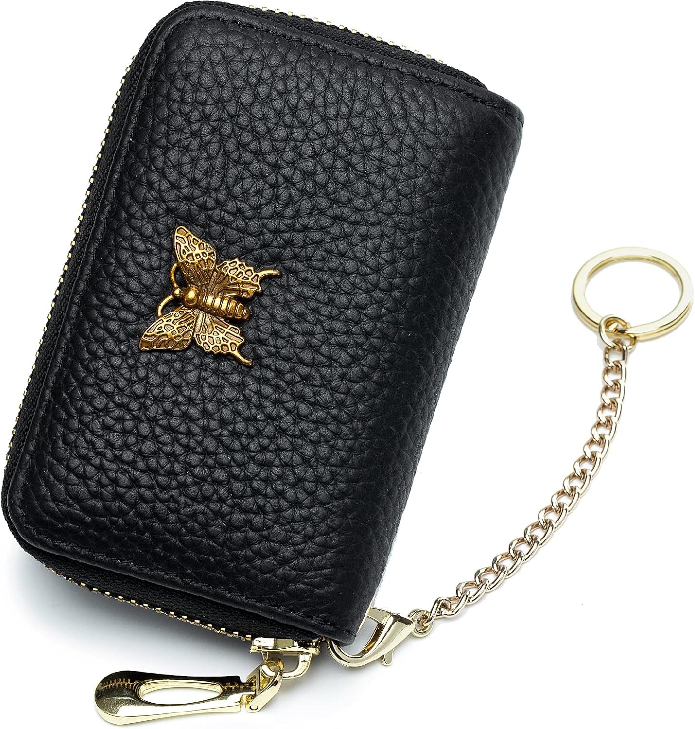 Stylish RFID Leather Card Holder for Women – with Zipper & Removable Keychain (Black)