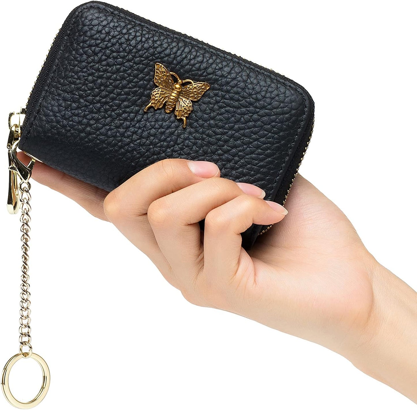 Stylish RFID Leather Card Holder for Women – with Zipper & Removable Keychain (Black)