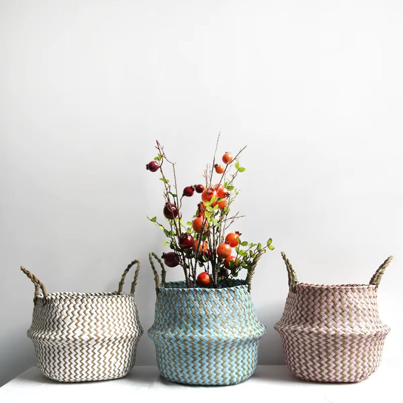 Boho Striped Wicker Storage Basket – Handmade & Collapsible