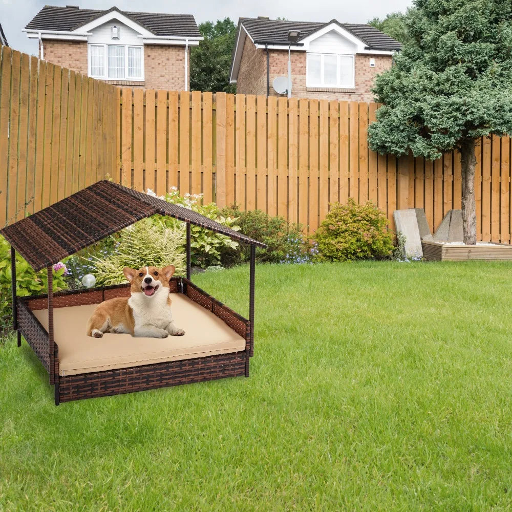 Elevated Rattan Dog Bed with Canopy – Indoor/Outdoor Pet Lounger with Washable Cushion