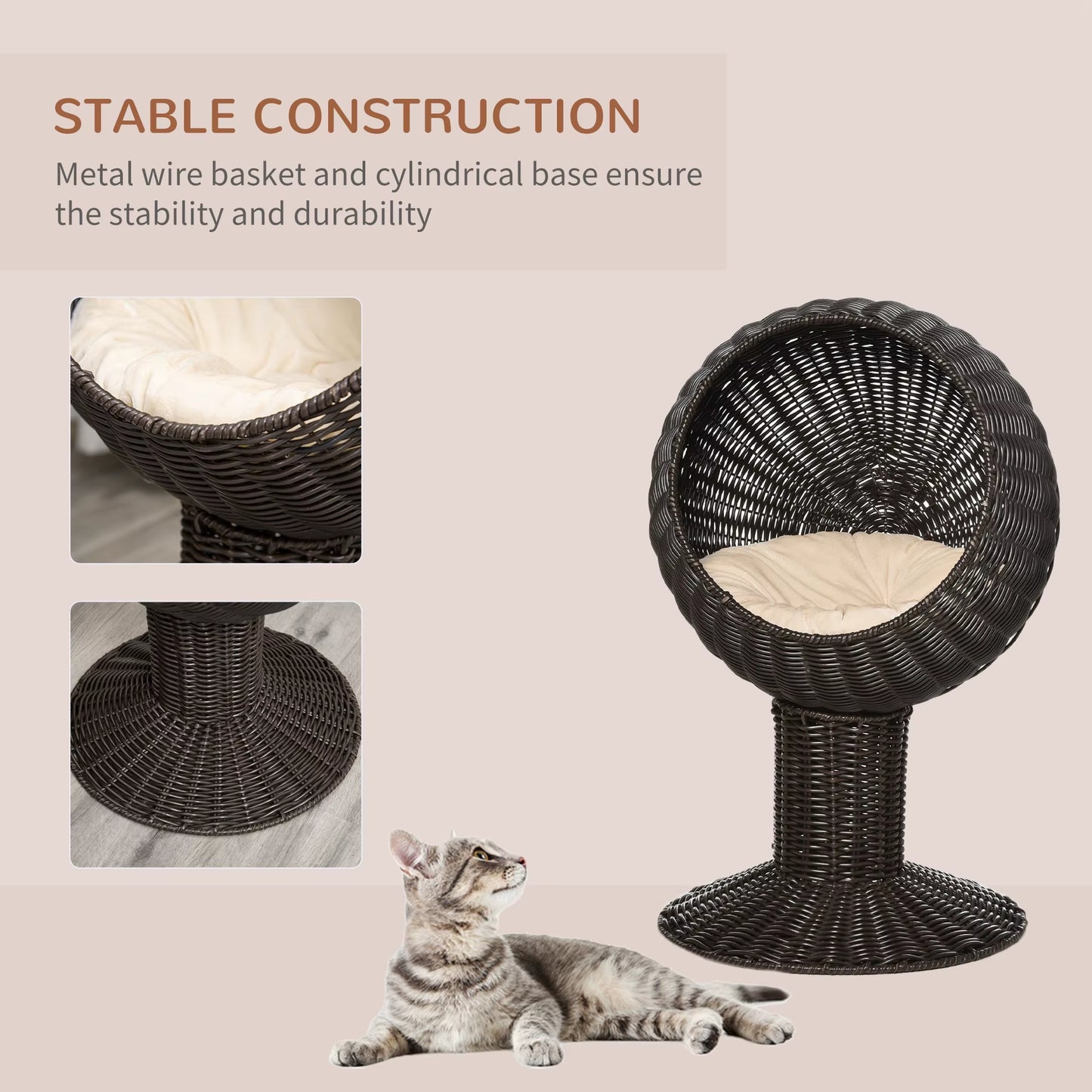 27" Outdoor Rattan Cat House with Cushion – All-Season Hanging Nest