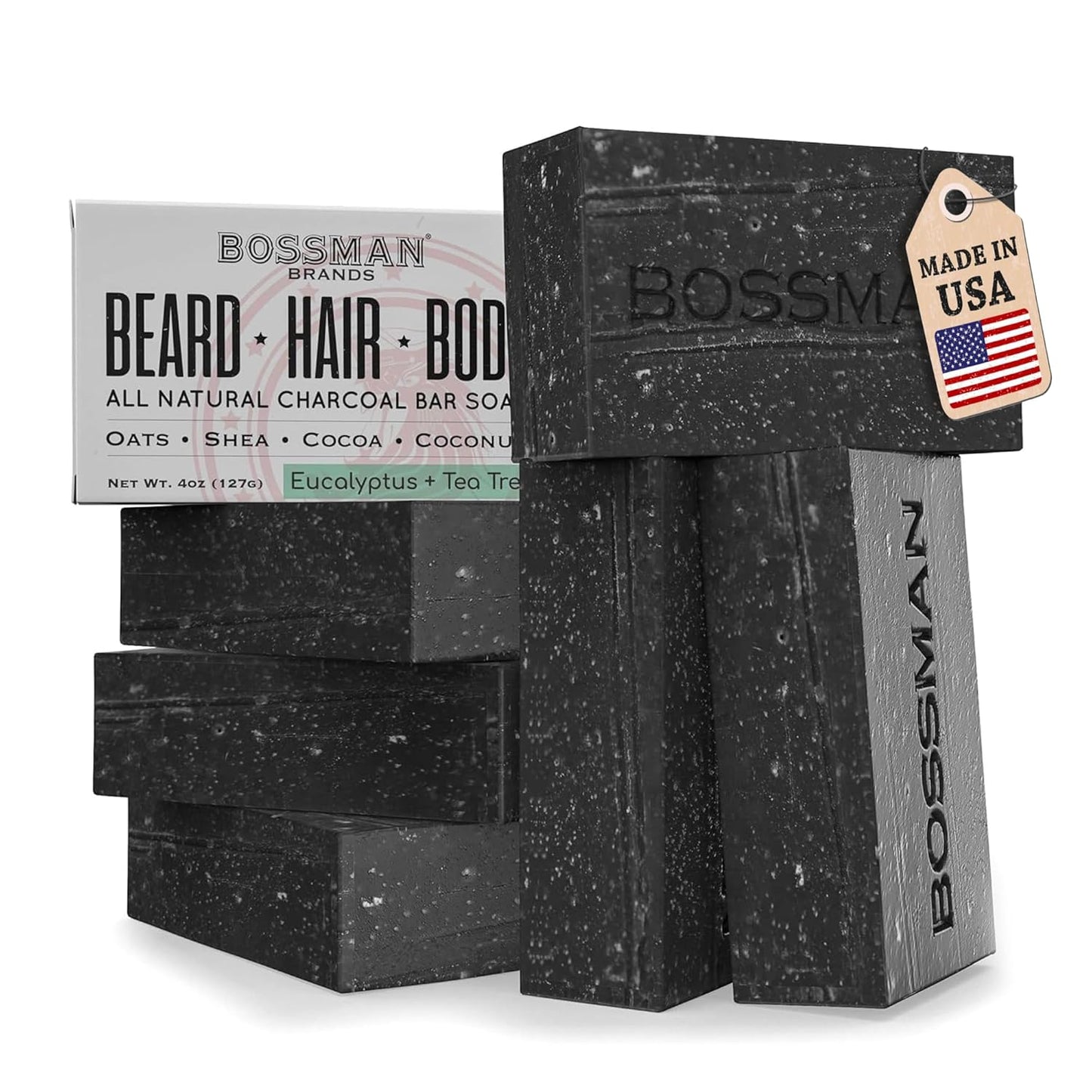 6-Pack 4-In-1 Bar Soap for Men – All Natural Organic Beard Wash, Shampoo, Body Wash & Shaving Soap – Eucalyptus & Tea Tree Scent