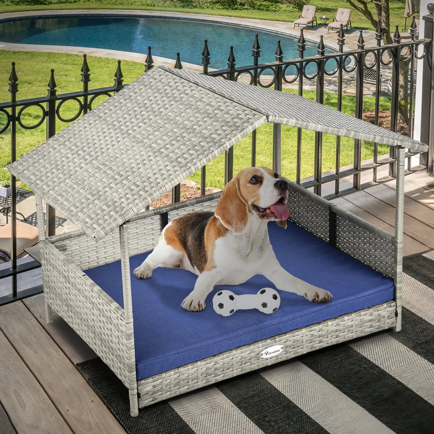 32.9" Outdoor Rattan Dog House with Canopy – Elevated, Water-Resistant Bed & Blue Cushion for Small to Medium Dogs