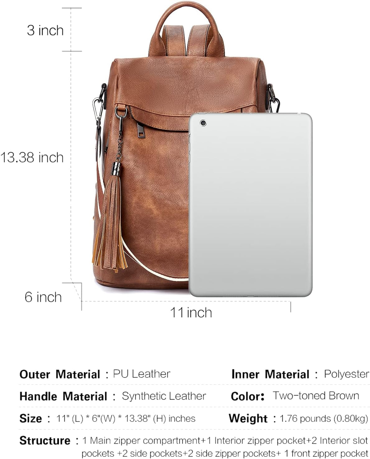 Women’s Backpack Purse Made from soft, durable PU (polyurethane) leather with Tassel