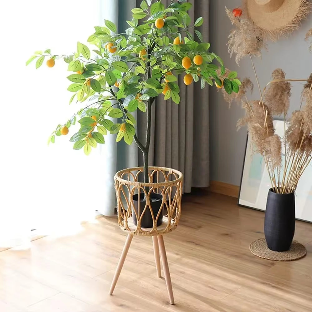 Woven Rattan Decorative Plant Stand with Wooden Legs