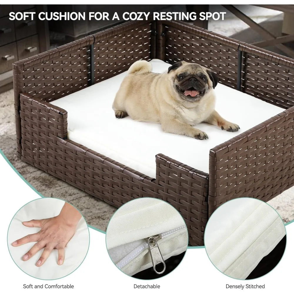 Handwoven Rattan Dog Sofa Bed with Cushion – Indoor/Outdoor/ Water Resistant for Small to Large Dogs
