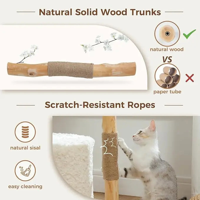 Modern 40" Cat Tree with Solid Wood Scratching Post, Wicker Basket & Large Hammock