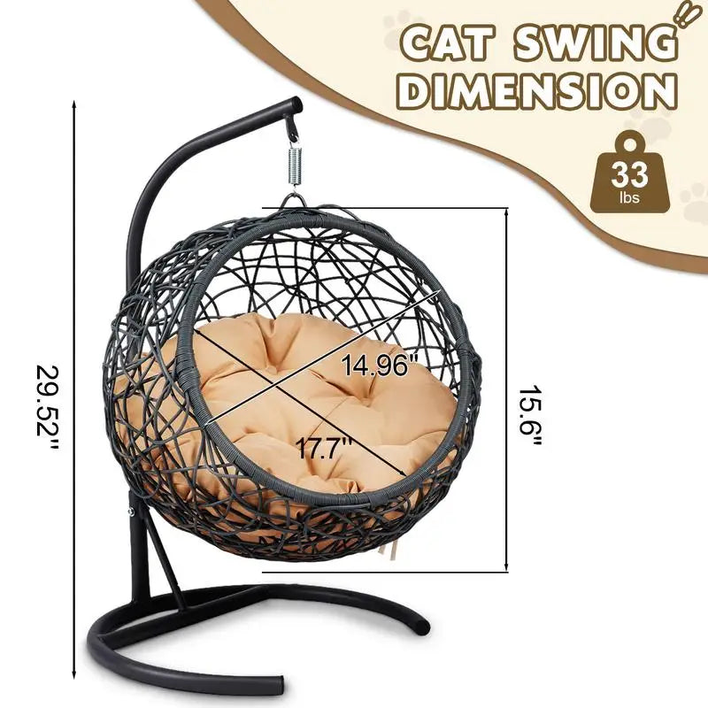 Cozy Rattan Cat Swing Bed with Stand & Cushion