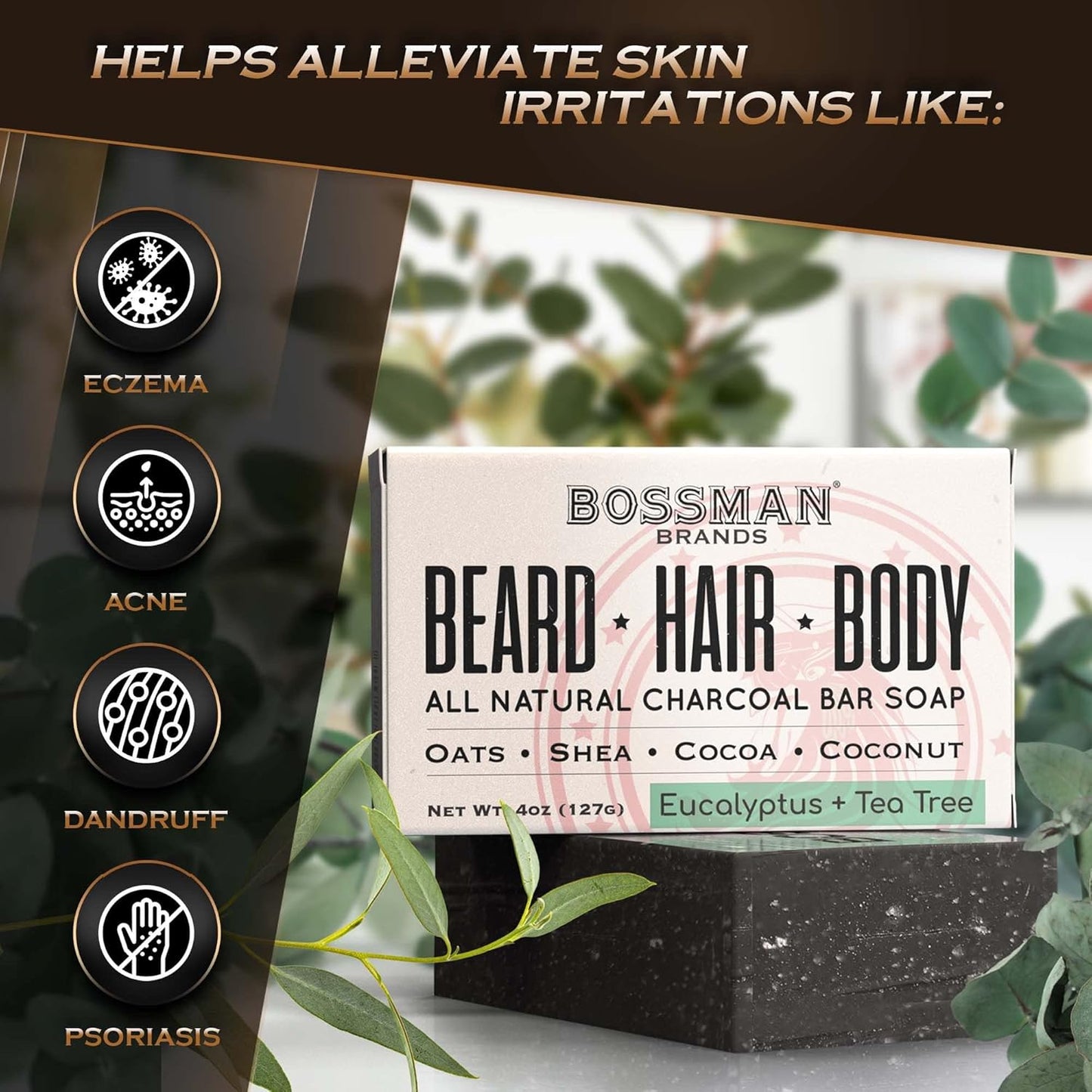 6-Pack 4-In-1 Bar Soap for Men – All Natural Organic Beard Wash, Shampoo, Body Wash & Shaving Soap – Eucalyptus & Tea Tree Scent