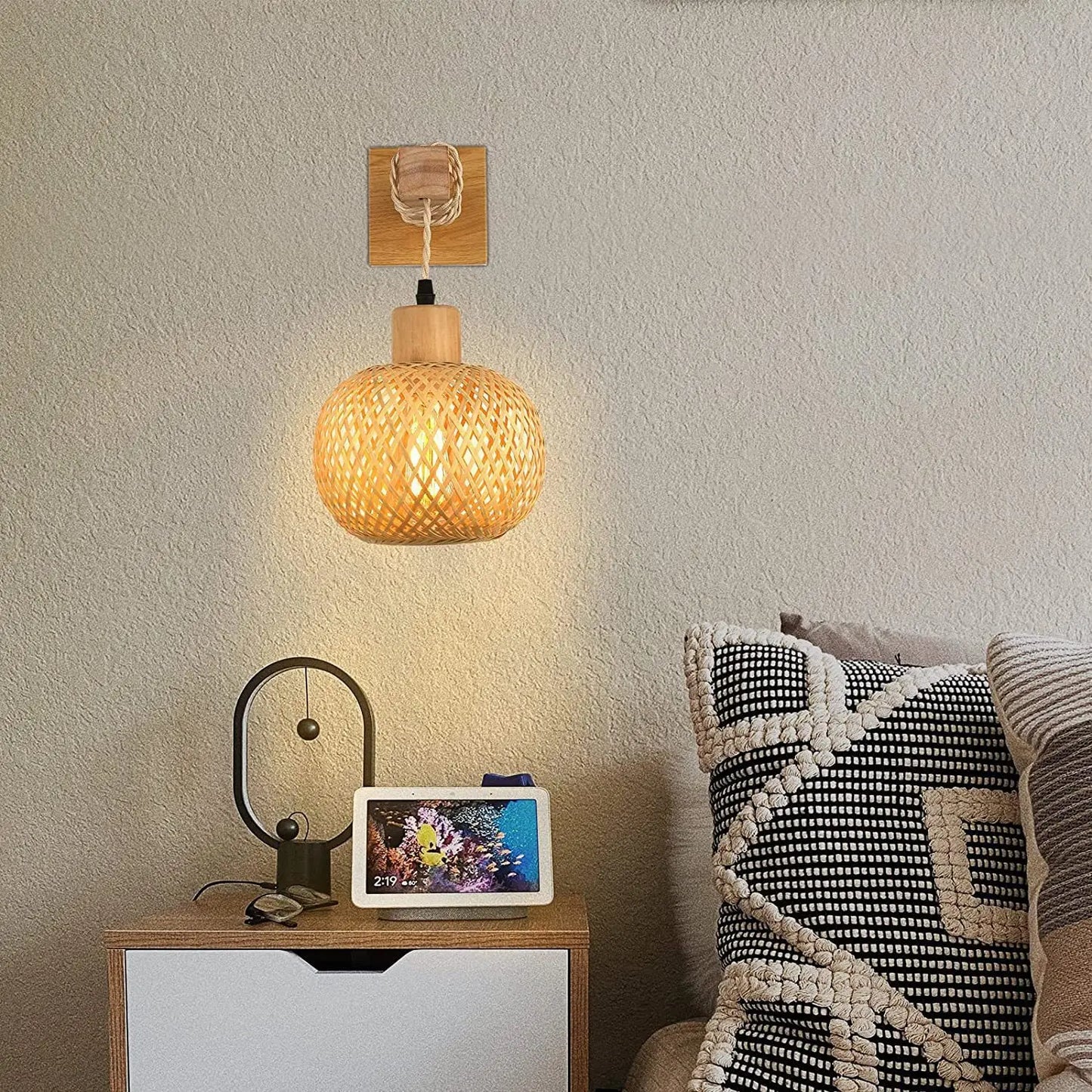 Bamboo Rattan Wall Lamp – Handwoven Wicker Lantern Light, Boho Room Decor, Natural Bamboo Wall Sconce, E27 Lamp Fixture