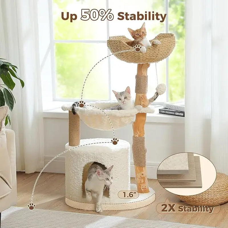 Modern 40" Cat Tree with Solid Wood Scratching Post, Wicker Basket & Large Hammock