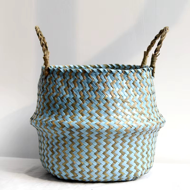 Boho Striped Wicker Storage Basket – Handmade & Collapsible