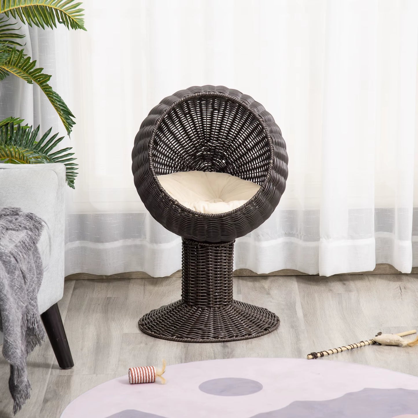 27" Outdoor Rattan Cat House with Cushion – All-Season Hanging Nest