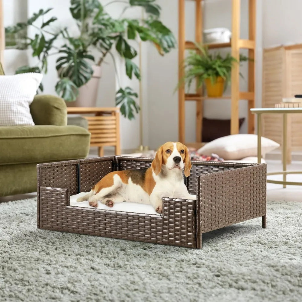Handwoven Rattan Dog Sofa Bed with Cushion – Indoor/Outdoor/ Water Resistant for Small to Large Dogs