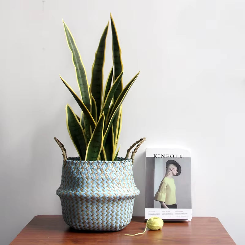 Boho Striped Wicker Storage Basket – Handmade & Collapsible